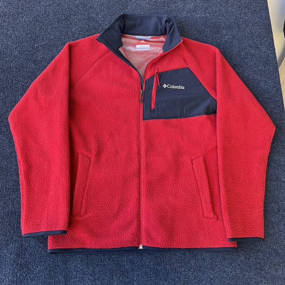 Columbia Fleece Jacket Mens Large Red Navy Omni-Heat Full Zip Chest Pocket Lined